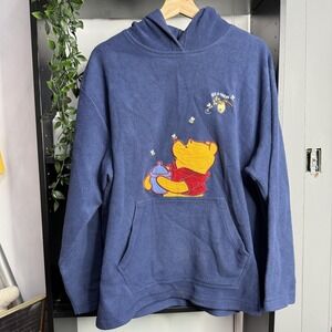 Disney Winnie The Pooh Hoodie Mens XL Blue Fleece Pullover Embroidered